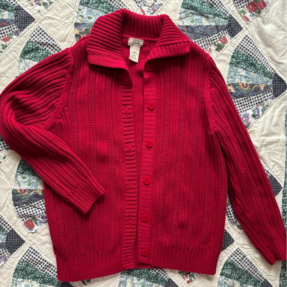 L.L. Bean Women’s Red Ribbed Button-Up Cardigan
